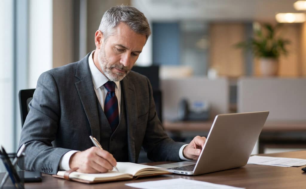 Confident businessman in formal suit writing notes and us