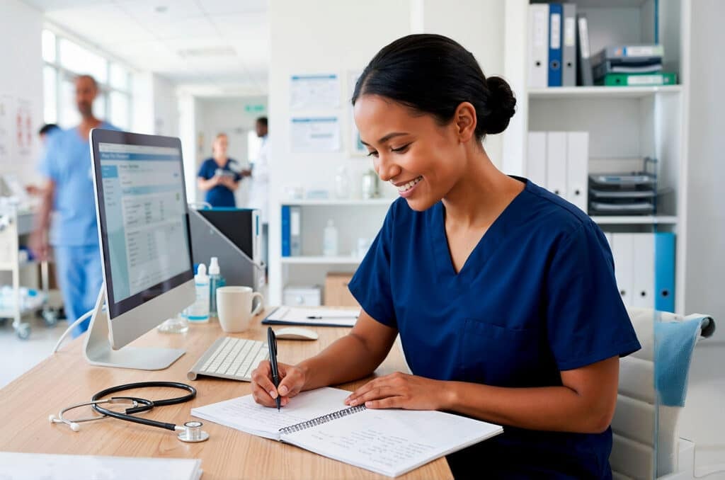 A smiling female medical assistant wearing dark blue scrubs is seated at a wooden desk in a brightly lit clinical environment