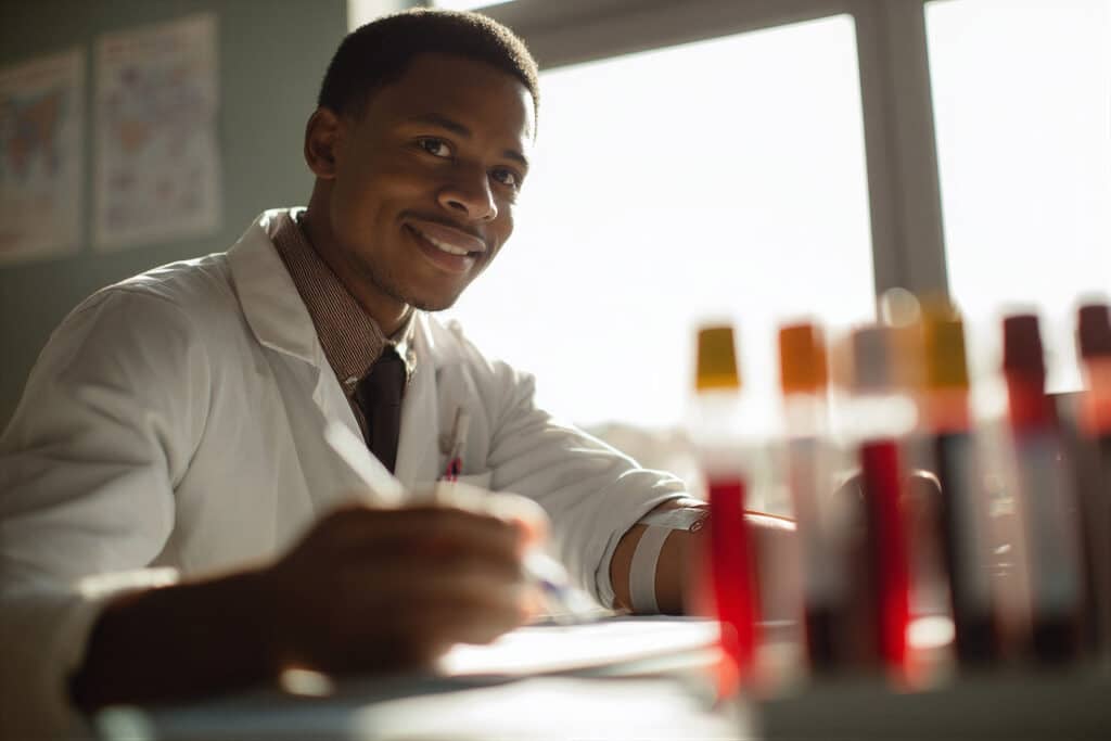 Young male doctor draws blood from patient in a clinical space